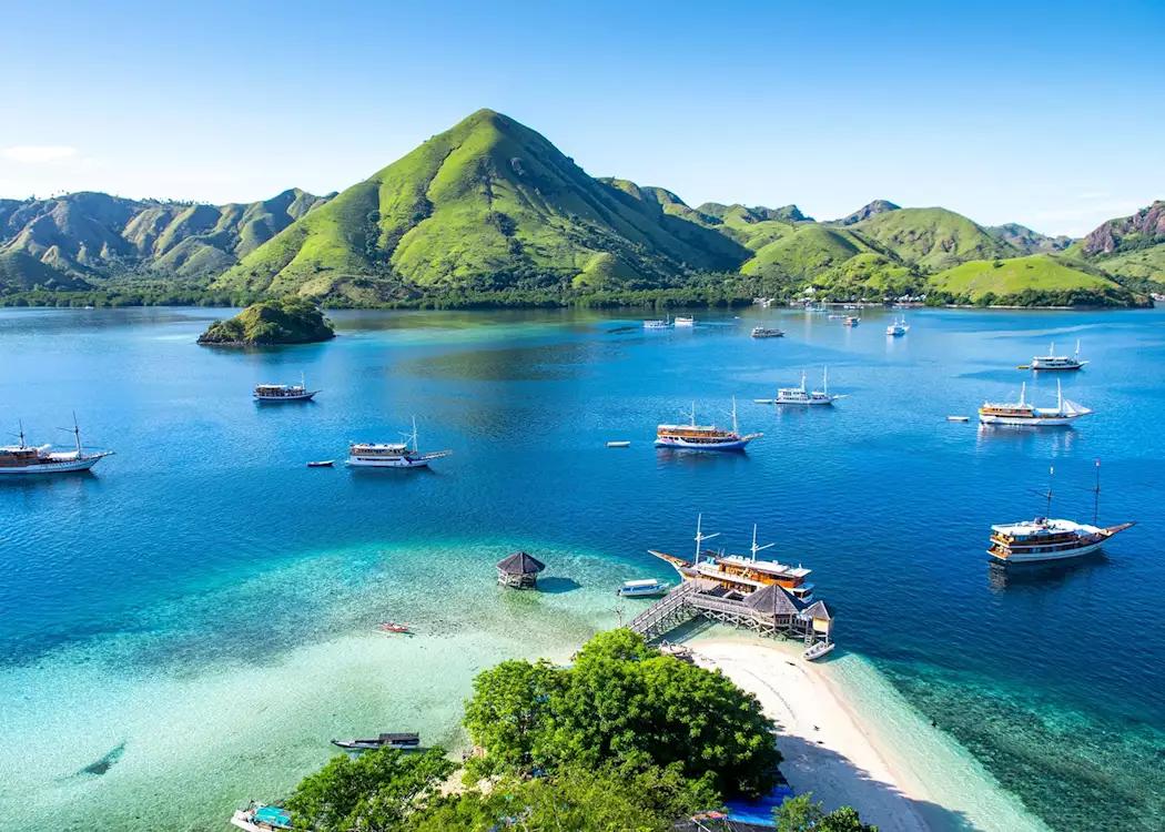 Aerial view of boats anchored at Kelor Island near Labuan Bajo
