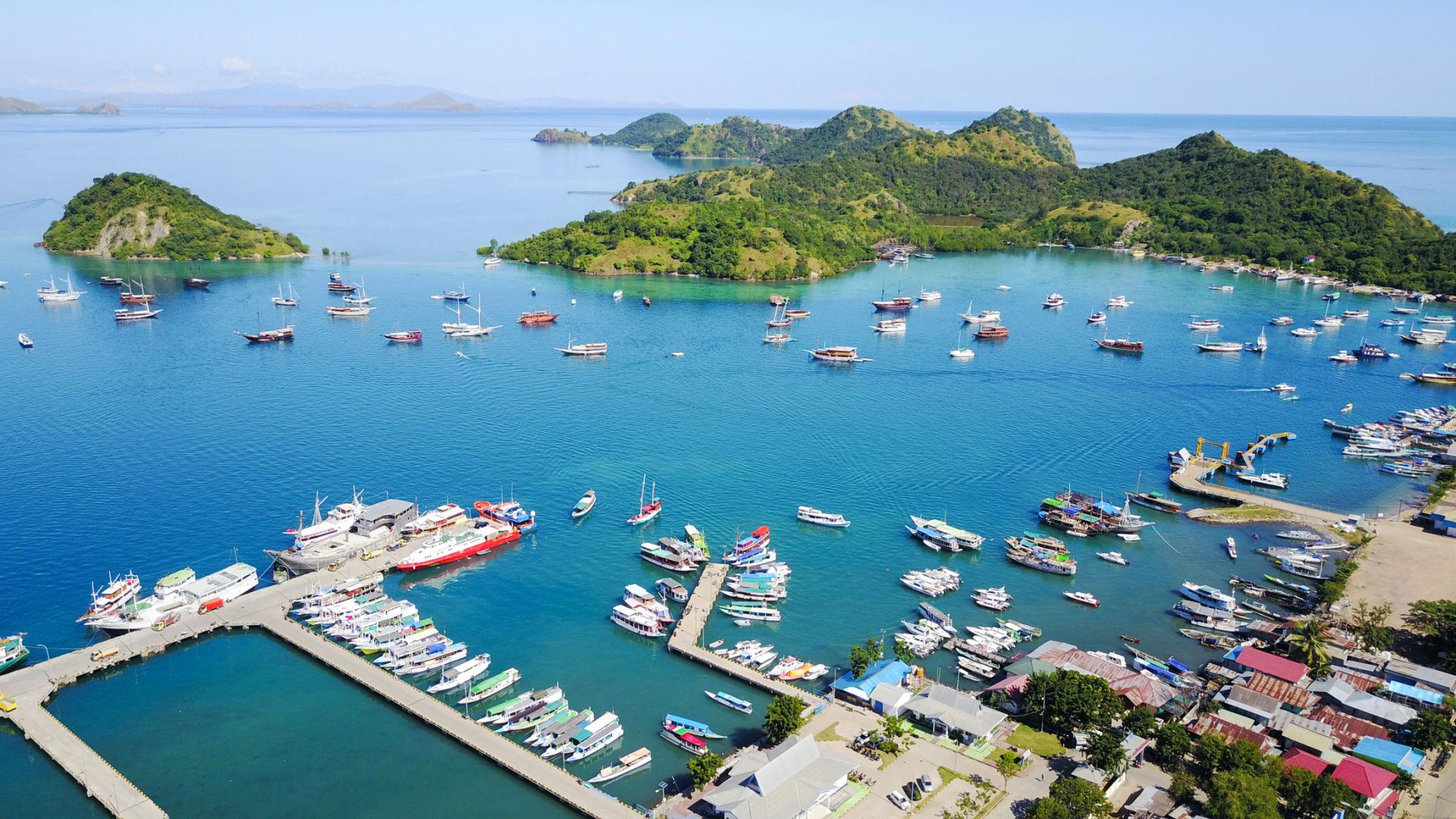 Aerial view of Labuan Bajo harbor in Flores, the departure point of the sailing trip to Lombok