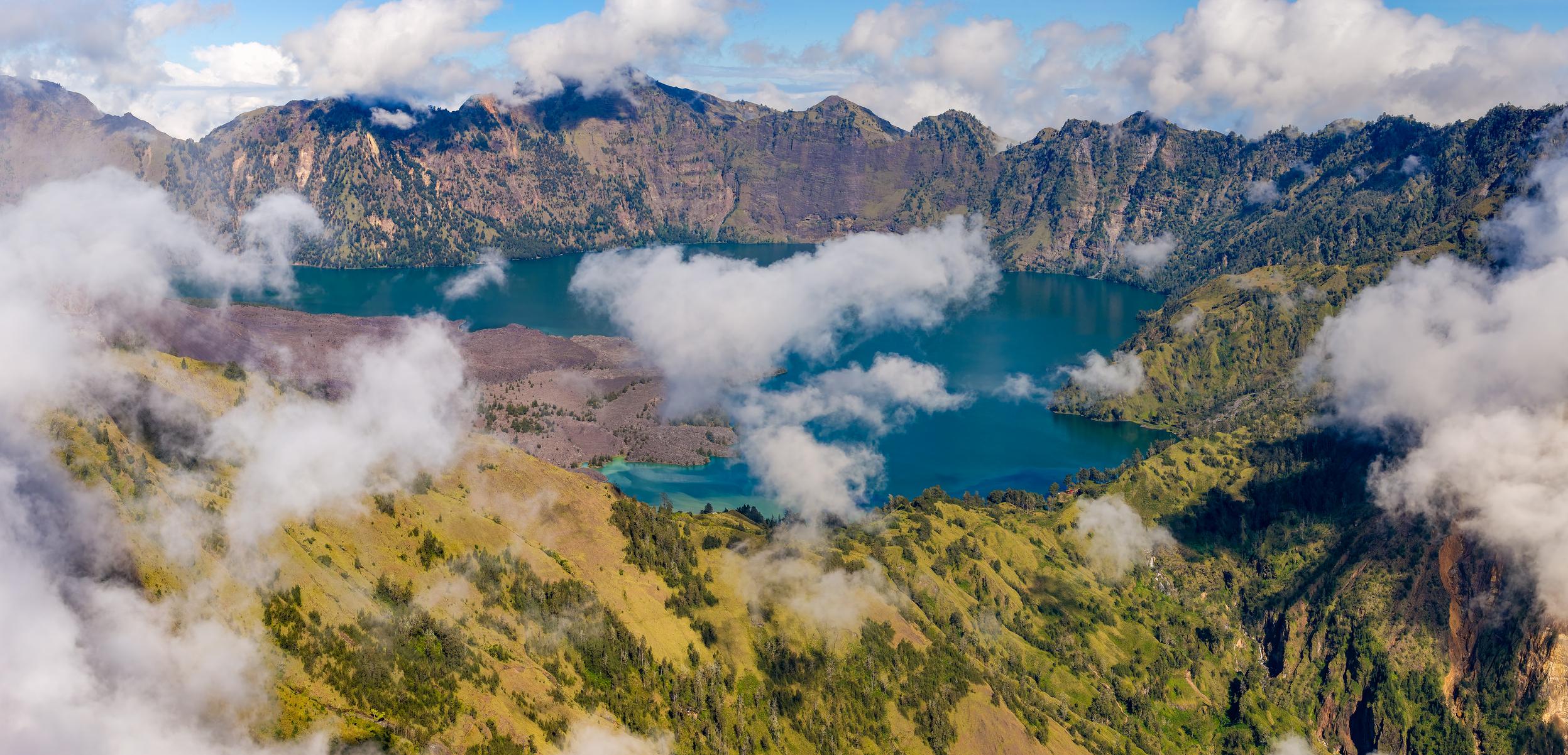 Aerial view of Segara Anak crater lake and Mount Barujari