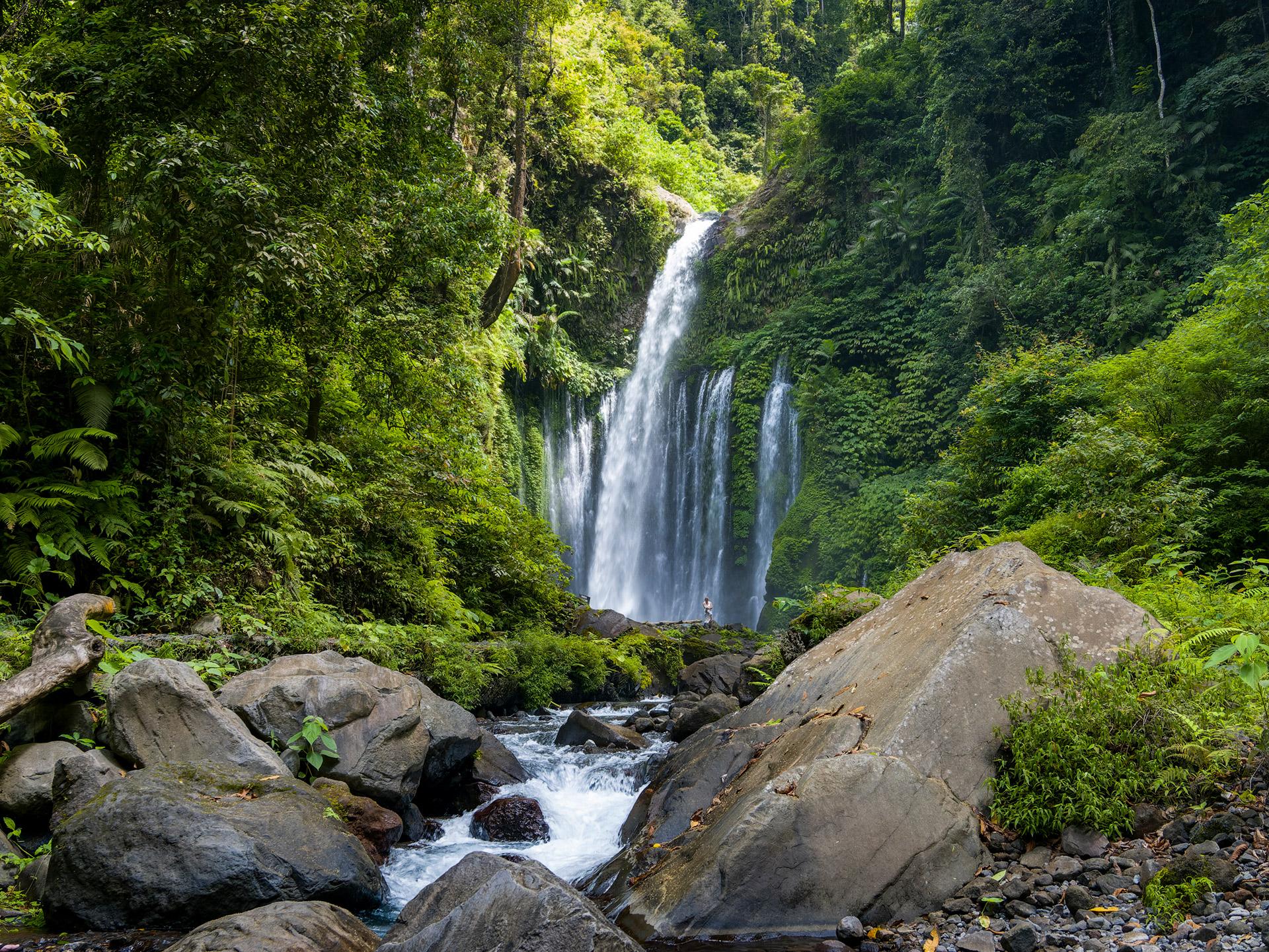 Tall waterfall surrounded by jungle near Senaru village